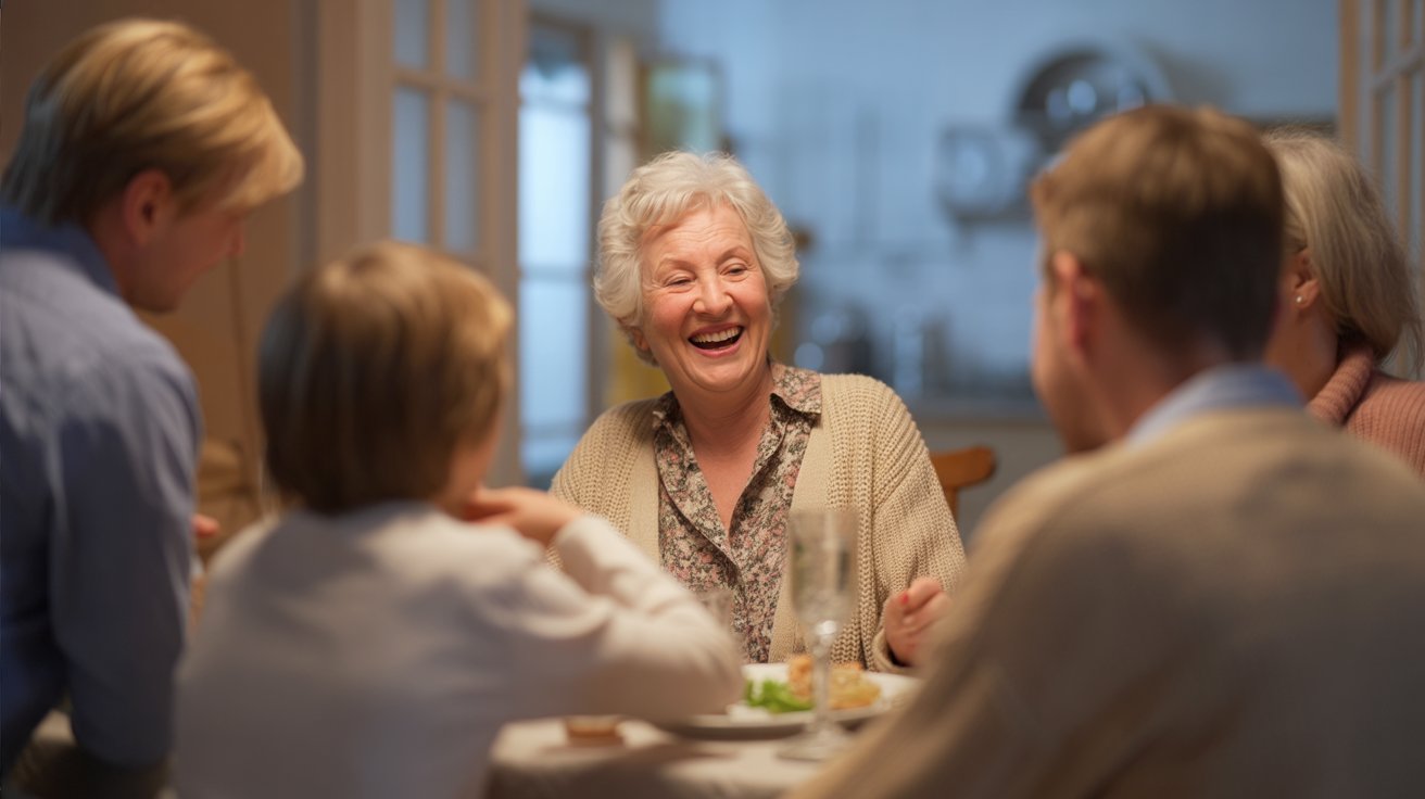 Family enjoying dinner conversation together